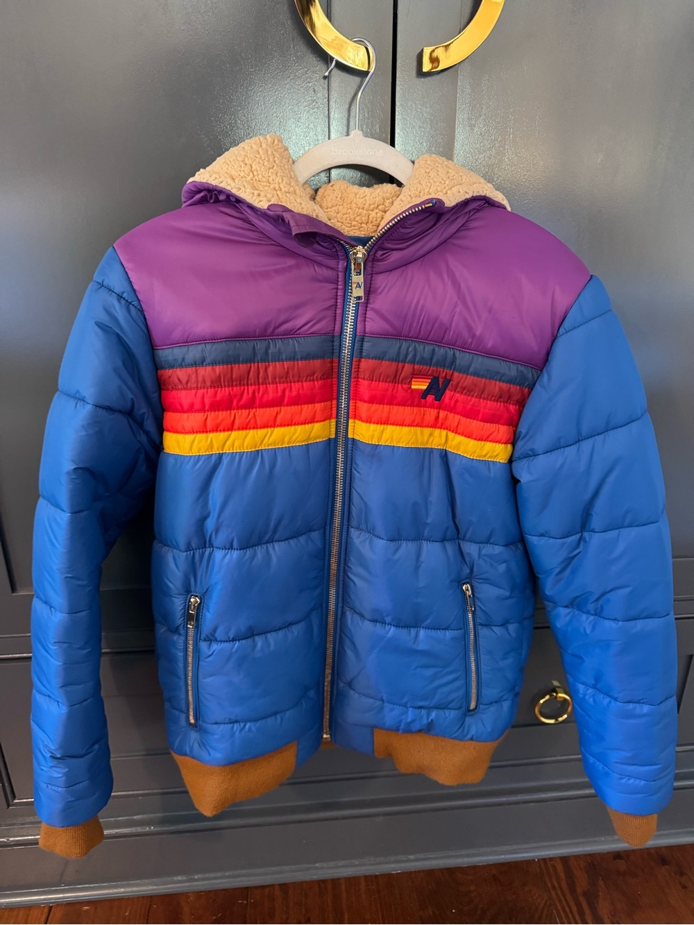 Aviator Nation Blue and Purple Rainbow Stripe Puffer Jacket